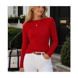 Ralph Lauren Cable Knit Sweater Womens Large Red Y2K 90s Crest Buttons Preppy